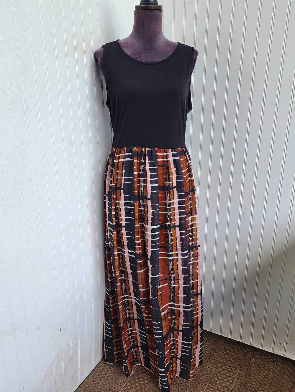Apt 9 Womens Maxi Dress Colorblock Brown Black Sleeveless Keyhole Back Chiffon L